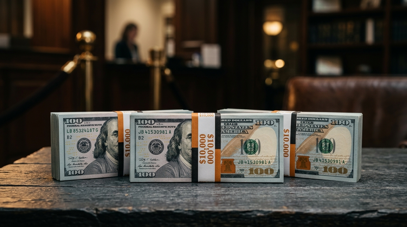 Crisp stacks of banded hundred dollar bills for fast cash advance liquidity